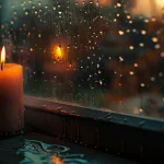 FootballR - NFL - Jacoby Jones - Eine brennende Kerze steht auf einem nassen Fensterbrett, Regentropfen auf dem Glas reflektieren warmes, stimmungsvolles Licht während der Abenddämmerung. Der Hintergrund zeigt verschwommene, beleuchtete Bäume, die an eine Szene erinnern, die Bob Avellini Diese Beschreibung wurde automatisch generiert.