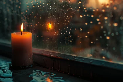 FootballR - NFL - Jacoby Jones - Eine brennende Kerze steht auf einem nassen Fensterbrett, Regentropfen auf dem Glas reflektieren warmes, stimmungsvolles Licht während der Abenddämmerung. Der Hintergrund zeigt verschwommene, beleuchtete Bäume, die an eine Szene erinnern, die Bob Avellini Diese Beschreibung wurde automatisch generiert.