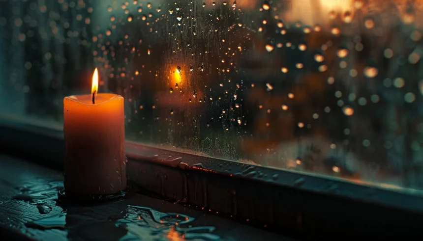 FootballR - NFL - Jacoby Jones - Eine brennende Kerze steht auf einem nassen Fensterbrett, Regentropfen auf dem Glas reflektieren warmes, stimmungsvolles Licht während der Abenddämmerung. Der Hintergrund zeigt verschwommene, beleuchtete Bäume, die an eine Szene erinnern, die Bob Avellini Diese Beschreibung wurde automatisch generiert.