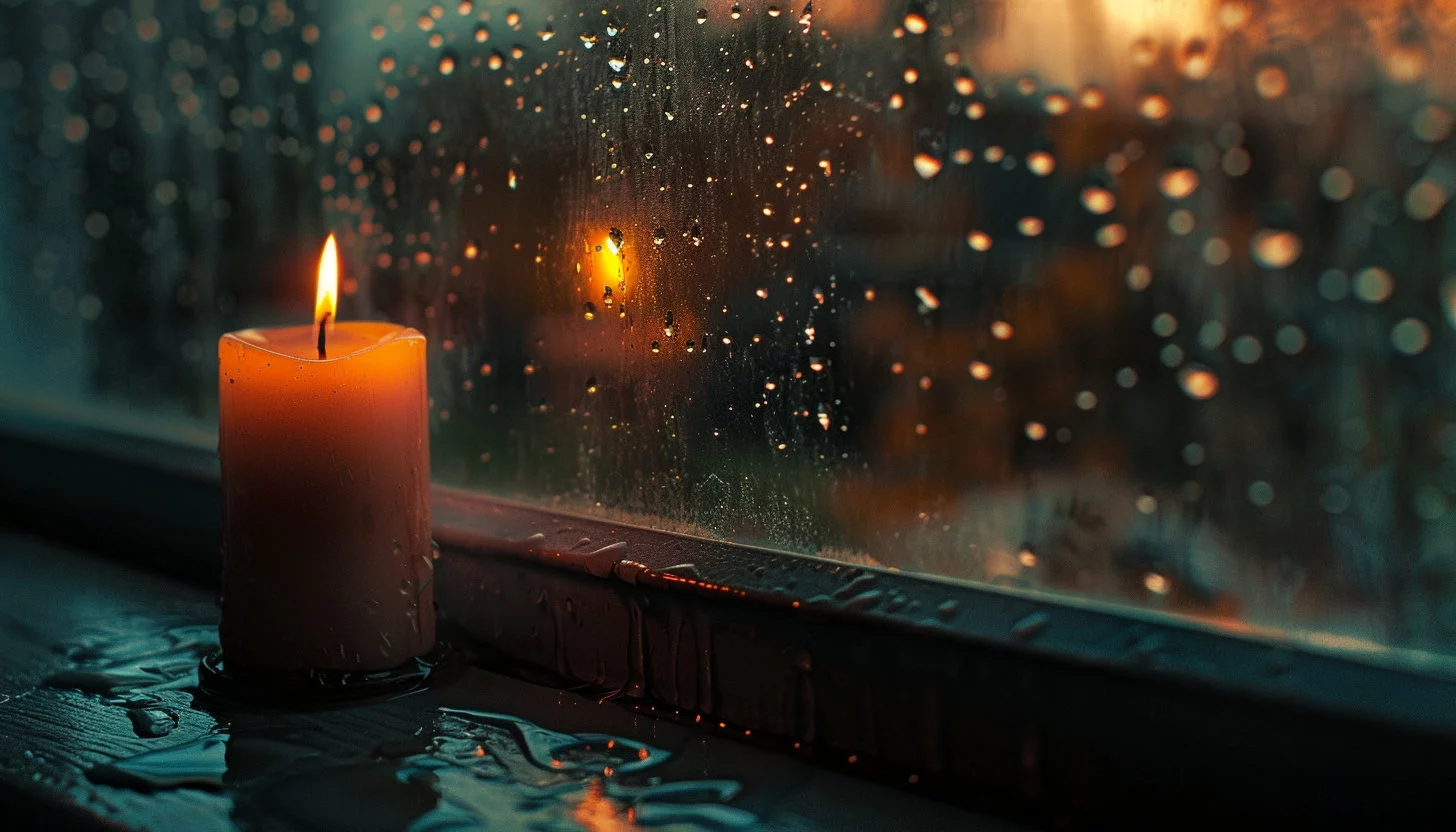 FootballR - NFL - Jacoby Jones - Eine brennende Kerze steht auf einem nassen Fensterbrett, Regentropfen auf dem Glas reflektieren warmes, stimmungsvolles Licht während der Abenddämmerung. Der Hintergrund zeigt verschwommene, beleuchtete Bäume, die an eine Szene erinnern, die Bob Avellini Diese Beschreibung wurde automatisch generiert.