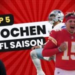 FootballR - NFL schedule 2024 - NFL Spielplan 2025 - Vier Footballspieler sind vor einem roten Hintergrund mit strahlenförmigen Linien abgebildet. Von links nach rechts: Spieler mit schwarzem Kapuzenpullover, Spieler in weiß-blauer Uniform mitten im Wurf, Spieler im roten Trikot mit der Nummer 15 beim Jubeln und Spieler in rot-goldener Uniform mitten in der Bewegung. Text: „Top 5 Wochen NFL Spielplan. Diese Beschreibung wurde automatisch generiert.