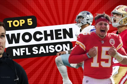 FootballR - NFL schedule 2024 - NFL Spielplan 2025 - Vier Footballspieler sind vor einem roten Hintergrund mit strahlenförmigen Linien abgebildet. Von links nach rechts: Spieler mit schwarzem Kapuzenpullover, Spieler in weiß-blauer Uniform mitten im Wurf, Spieler im roten Trikot mit der Nummer 15 beim Jubeln und Spieler in rot-goldener Uniform mitten in der Bewegung. Text: „Top 5 Wochen NFL Spielplan. Diese Beschreibung wurde automatisch generiert.