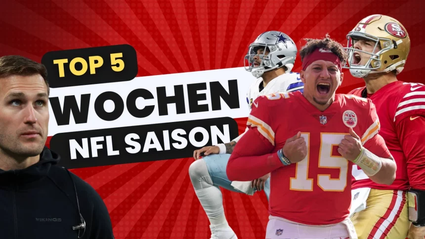 FootballR - NFL schedule 2024 - NFL Spielplan 2025 - Vier Footballspieler sind vor einem roten Hintergrund mit strahlenförmigen Linien abgebildet. Von links nach rechts: Spieler mit schwarzem Kapuzenpullover, Spieler in weiß-blauer Uniform mitten im Wurf, Spieler im roten Trikot mit der Nummer 15 beim Jubeln und Spieler in rot-goldener Uniform mitten in der Bewegung. Text: „Top 5 Wochen NFL Spielplan. Diese Beschreibung wurde automatisch generiert.