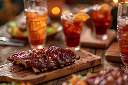 FootballR - NFL 40YARDS - Auf einem Holztisch wird ein Festmahl serviert, in der Mitte ein Schneidebrett mit glasierten BBQ-Rippchen. Um die Rippchen herum stehen Gläser mit Eistee, garniert mit Orangenscheiben. Ein unscharfer Hintergrund deutet auf andere Gerichte hin und die stimmungsvolle Beleuchtung mit Kerzen neben einem NFL-Bettwäscheset schafft eine gemütliche Essatmosphäre. Diese Beschreibung wurde automatisch generiert.