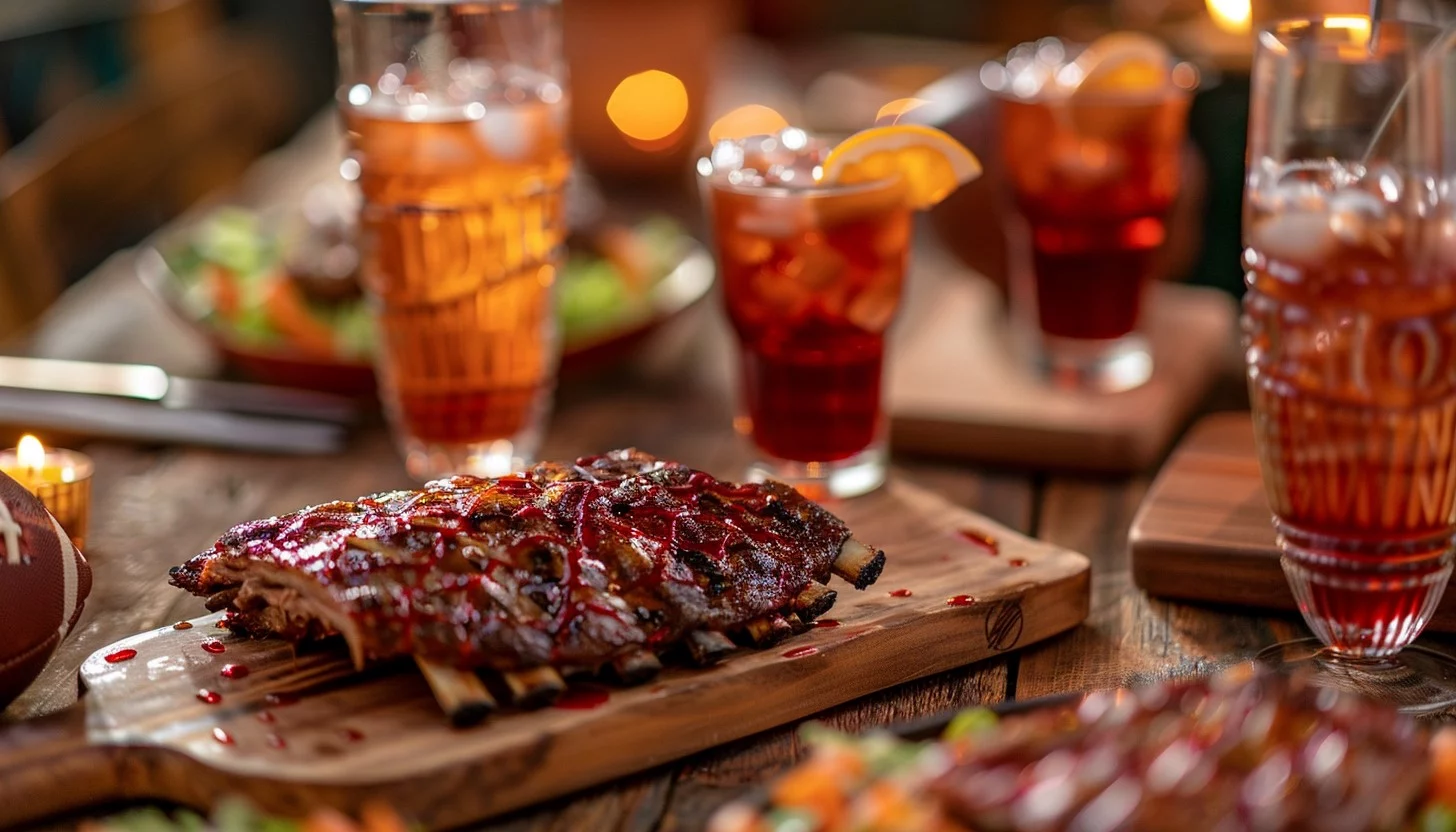 FootballR - NFL 40YARDS - Auf einem Holztisch wird ein Festmahl serviert, in der Mitte ein Schneidebrett mit glasierten BBQ-Rippchen. Um die Rippchen herum stehen Gläser mit Eistee, garniert mit Orangenscheiben. Ein unscharfer Hintergrund deutet auf andere Gerichte hin und die stimmungsvolle Beleuchtung mit Kerzen neben einem NFL-Bettwäscheset schafft eine gemütliche Essatmosphäre. Diese Beschreibung wurde automatisch generiert.