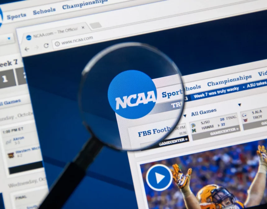 College Footballer - NFL - Eine Lupe konzentriert sich auf das NCAA Logo, das auf einem Computerbildschirm angezeigt wird, und hebt in den Browser-Tabs verschiedene Abschnitte wie „Sport“, „Schulen“ und „Meisterschaften“ hervor. Unter dem Logo gibt es einen Zeitplan für Footballspiele und ein Video-Thumbnail mit einem Spieler in orange-weißer Uniform, was die umfangreichen Kommerzialisierungsbemühungen der NCAA hervorhebt. Diese Beschreibung wurde automatisch generiert.