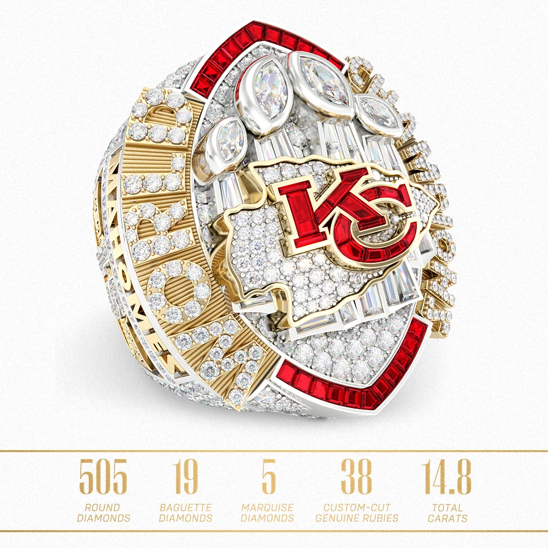 FootballR - NFL - Ein verzierter Ring, überwiegend aus Silber und Gold, mit dem Logo der Kansas City Chiefs in der Mitte. Der Ring ist mit mehreren roten und weißen Edelsteinen um das Logo herum verziert. Unter dem Ring steht ein Text von 505 runden Diamanten, 19 Baguette-Diamanten, 5 Marquise-Diamanten, 38 speziell für den Ruhm des Super Bowl LVIII geschliffenen Rubinen und einem Gesamtgewicht von 14,8 Karat. Diese Beschreibung wurde automatisch generiert.
