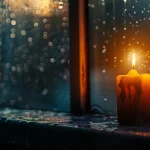 FootballR - NFL - Larry Allen - An einem regnerischen Abend steht eine brennende gelbe Kerze auf einem Fensterbrett. Wassertropfen bedecken das Fenster und reflektieren das warme, flackernde Licht der Kerze. Das sanfte Leuchten kontrastiert mit dem dunklen, verschwommenen Hintergrund und schafft eine gemütliche und heitere Atmosphäre, die an ruhige Abende nach einem spannenden NFL-Spiel erinnert. Diese Beschreibung wurde automatisch generiert.