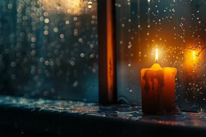 FootballR - NFL - Larry Allen - An einem regnerischen Abend steht eine brennende gelbe Kerze auf einem Fensterbrett. Wassertropfen bedecken das Fenster und reflektieren das warme, flackernde Licht der Kerze. Das sanfte Leuchten kontrastiert mit dem dunklen, verschwommenen Hintergrund und schafft eine gemütliche und heitere Atmosphäre, die an ruhige Abende nach einem spannenden NFL-Spiel erinnert. Diese Beschreibung wurde automatisch generiert.