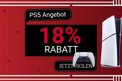 FootballR - NFL - Eine Werbegrafik zeigt einen roten Hintergrund mit weißen und schwarzen Akzenten. In der Mitte wird „PS5 Digital-Edition Angebot 18% RABATT“ angekündigt. Unten rechts sind eine PlayStation 5-Konsole und ein Controller abgebildet. Unten in der Mitte erscheint in einer schwarzen Sprechblase der Satz „JETZT HOLEN“. Diese Beschreibung wurde automatisch generiert.