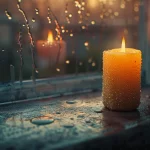 Dominiq Ponder - NFL - An einem regnerischen Tag steht eine brennende Kerze auf einem nassen Fensterbrett. Wassertropfen auf dem Glas reflektieren das warme Glühen der Flamme. Das sanfte, stimmungsvolle Licht verbreitet eine gemütliche und beruhigende Atmosphäre und bildet einen Kontrast zur kühlen, nassen Oberfläche des hölzernen Fensterbretts – eine Szene, die an Khyree Jackson ruhige Momente erinnert. Diese Beschreibung wurde automatisch generiert.