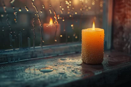 Dominiq Ponder - NFL - An einem regnerischen Tag steht eine brennende Kerze auf einem nassen Fensterbrett. Wassertropfen auf dem Glas reflektieren das warme Glühen der Flamme. Das sanfte, stimmungsvolle Licht verbreitet eine gemütliche und beruhigende Atmosphäre und bildet einen Kontrast zur kühlen, nassen Oberfläche des hölzernen Fensterbretts – eine Szene, die an Khyree Jackson ruhige Momente erinnert. Diese Beschreibung wurde automatisch generiert.