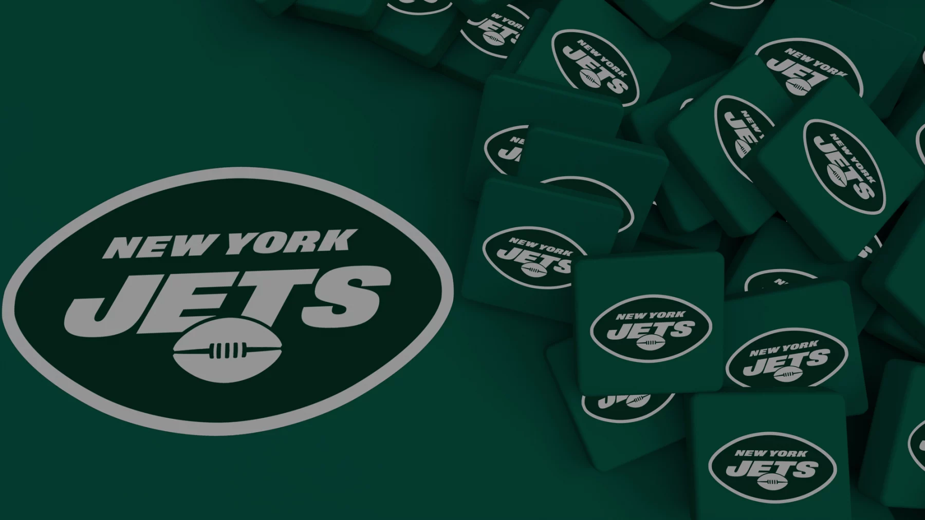 FootballR - NFL - Ein großes Logo der New York Jets, bestehend aus einem weißen Football-Symbol mit dem Text „New York Jets“ auf einem grünen Oval, weckt ein Gefühl von Nostalgie, da es prominent auf der linken Seite angezeigt wird. Auf der rechten Seite sind zahlreiche kleinere, ähnliche Logos verstreut, die ebenfalls den weißen Text auf grünem Hintergrund aufweisen. Das allgemeine Farbschema ist grün und weiß. Diese Beschreibung wurde automatisch generiert.