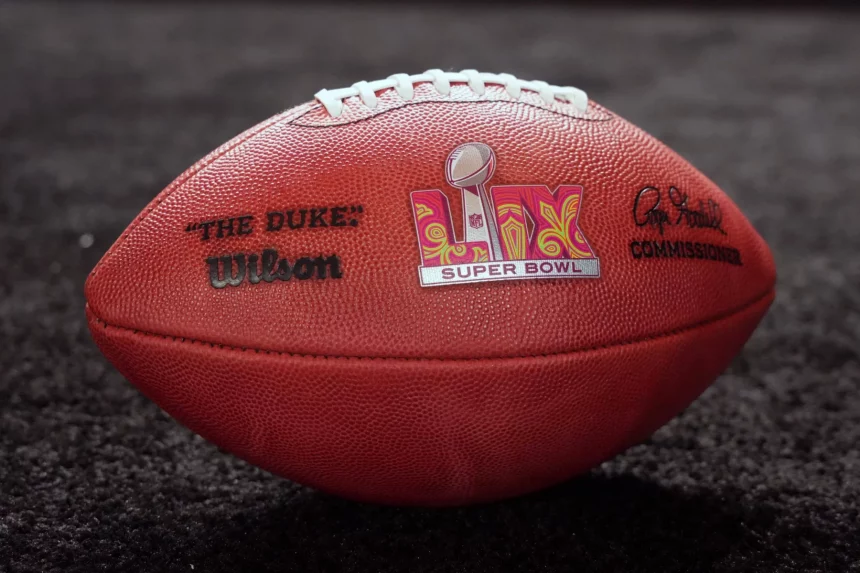 FootballR und die NFL Playoffs - Around the NFL - Eine Nahaufnahme eines offiziellen Wilson NFL-Footballs auf einer dunklen Oberfläche. Der Football zeigt in der Mitte das Super Bowl-Logo, links „THE DUKE“ und rechts die Unterschrift des Commissioners. Die Nähte sind oben auf dem Ball sichtbar, ein perfektes Thema für eine Diskussion im Podcast „Around the NFL“. Diese Beschreibung wurde automatisch generiert.