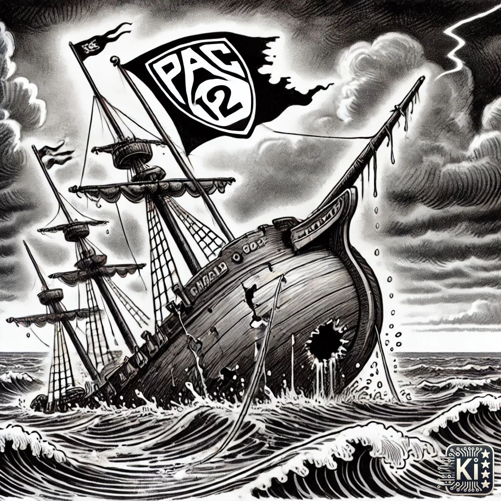 FootballR - NFL - Eine stürmische Seeszene zeigt ein sinkendes Schiff mit der Aufschrift „Pac-12“ auf der Flagge, mit dunklen, bedrohlichen Wolken und Blitzen im Hintergrund. Das Schiff scheint in Not zu sein, Wasser verschlingt seinen Rumpf und seinen gebrochenen Mast, was Aufruhr und Untergang symbolisiert. Die Signatur des Künstlers „KM“ befindet sich in der unteren rechten Ecke. Diese Beschreibung wurde automatisch generiert.