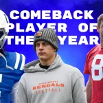 FootballR - NFL - Eine Grafik mit den NFL-Stars Rodgers, Burrow und einem weiteren Spieler in unterschiedlichen Uniformen links, in der Mitte und rechts vor einem blauen, rauchigen Hintergrund. Über ihnen steht in fettem Weiß „NFL COMEBACK PLAYER OF THE YEAR“. Der Spieler links trägt einen weißen Helm und ein blaues Trikot, der Spieler in der Mitte eine Beanie und einen grauen Kapuzenpullover und der Spieler rechts ein rotes Trainingstrikot Diese Beschreibung wurde automatisch generiert.