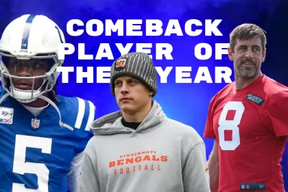 FootballR - NFL - Eine Grafik mit den NFL-Stars Rodgers, Burrow und einem weiteren Spieler in unterschiedlichen Uniformen links, in der Mitte und rechts vor einem blauen, rauchigen Hintergrund. Über ihnen steht in fettem Weiß „NFL COMEBACK PLAYER OF THE YEAR“. Der Spieler links trägt einen weißen Helm und ein blaues Trikot, der Spieler in der Mitte eine Beanie und einen grauen Kapuzenpullover und der Spieler rechts ein rotes Trainingstrikot Diese Beschreibung wurde automatisch generiert.