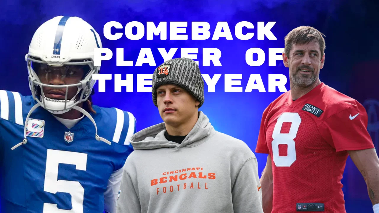 FootballR - NFL - Eine Grafik mit den NFL-Stars Rodgers, Burrow und einem weiteren Spieler in unterschiedlichen Uniformen links, in der Mitte und rechts vor einem blauen, rauchigen Hintergrund. Über ihnen steht in fettem Weiß „NFL COMEBACK PLAYER OF THE YEAR“. Der Spieler links trägt einen weißen Helm und ein blaues Trikot, der Spieler in der Mitte eine Beanie und einen grauen Kapuzenpullover und der Spieler rechts ein rotes Trainingstrikot Diese Beschreibung wurde automatisch generiert.