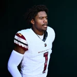 PHILADELPHIA, PA - OCTOBER 01: Washington Commanders Wide Receiver Jahan Dotson 1 enters the field before the game between the Washington Commanders and Philadelphia Eagles on October 01, 2023 at Lincoln Financial Field in Philadelphia, PA. Photo by Kyle Ross/Icon Sportswire NFL, American Football Herren, USA OCT 01 Commanders at Eagles EDITORIAL USE ONLY Icon23100170