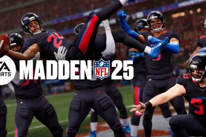 FootballR - NFL Madden NFL 25 Ratings - Das Bild von Madden NFL zeigt NFL-Stars in schwarzen Uniformen, die einen Touchdown in einem Footballstadion feiern. Der zentrale Spieler, Nummer 20, hält triumphierend den Ball. Der fettgedruckte weiße Text „MADDEN NFL 25“ ist über die Spieler gelegt, darunter sind die Logos von NFLPA und EA Sports zu sehen. Diese Beschreibung wurde automatisch generiert.