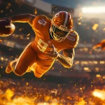 FootballR - NFL Game Pass - Ein Footballspieler, der ein orangefarbenes Trikot mit der Nummer 87 und einen Helm trägt, springt mit einem Football in der Hand durch die Luft. Die Aktion findet in einem Stadion statt, wobei helle Lichter die Szene erhellen. Flammen und Funken umgeben den Spieler und erzeugen eine dramatische und intensive Atmosphäre. Fans profitieren von der Aktion mit NFL Game Pass! Diese Beschreibung wurde automatisch generiert.