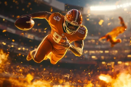 FootballR - NFL Game Pass - Ein Footballspieler, der ein orangefarbenes Trikot mit der Nummer 87 und einen Helm trägt, springt mit einem Football in der Hand durch die Luft. Die Aktion findet in einem Stadion statt, wobei helle Lichter die Szene erhellen. Flammen und Funken umgeben den Spieler und erzeugen eine dramatische und intensive Atmosphäre. Fans profitieren von der Aktion mit NFL Game Pass! Diese Beschreibung wurde automatisch generiert.