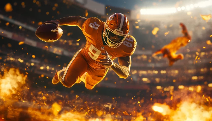FootballR - NFL Game Pass - Ein Footballspieler, der ein orangefarbenes Trikot mit der Nummer 87 und einen Helm trägt, springt mit einem Football in der Hand durch die Luft. Die Aktion findet in einem Stadion statt, wobei helle Lichter die Szene erhellen. Flammen und Funken umgeben den Spieler und erzeugen eine dramatische und intensive Atmosphäre. Fans profitieren von der Aktion mit NFL Game Pass! Diese Beschreibung wurde automatisch generiert.
