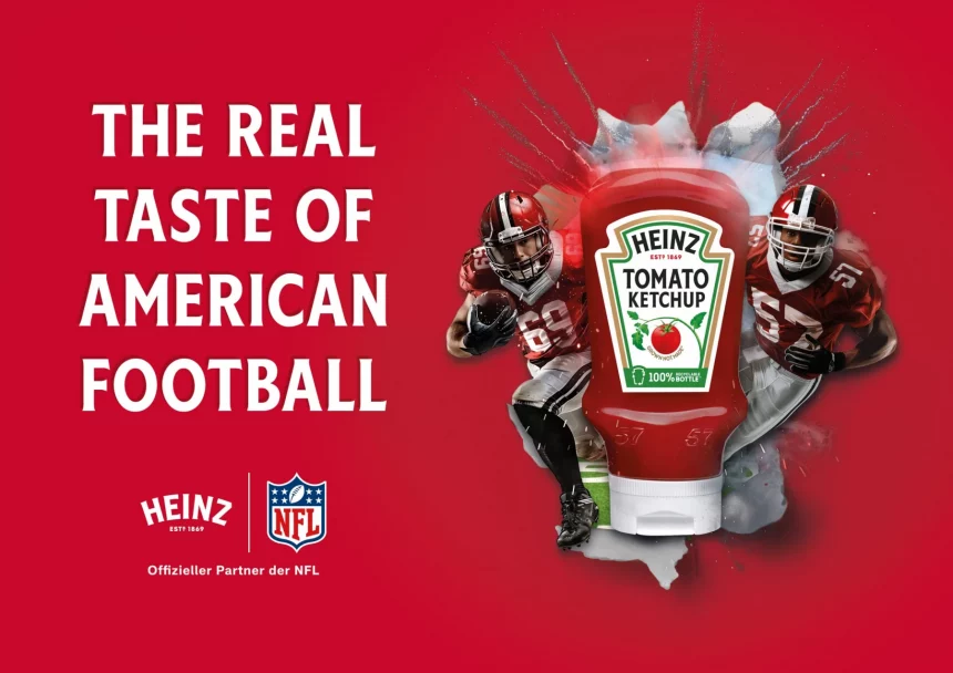 FootballR - NFL - Bild einer Heinz-Tomatenketchup-Werbung mit dem Slogan „Der wahre Geschmack von American Football“. Im Mittelpunkt steht eine Ketchupflasche mit Footballspielern in roten Uniformen auf beiden Seiten. Die Logos von Heinz und NFL sind unten zu sehen und betonen ihre Partnerschaft als offizielle NFL-Partner in Deutschland. Diese Beschreibung wurde automatisch generiert.