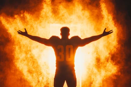 FootballR - NFL - Ein Fußballspieler im Trikot mit der Nummer 30 steht mit ausgestreckten Armen vor einem feurig orange-gelben Hintergrund. Das intensive Glühen und der Rauch erzeugen eine dramatische Szene und betonen die triumphale und kraftvolle Pose des Spielers. Diese Beschreibung wurde automatisch generiert.