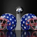 FootballR - NFL - Zwei Footballhelme mit blauem Hintergrund und weißen Sternen, mit roten Gesichtsmasken, stehen einander gegenüber. Dazwischen steht eine silberne Trophäe mit einem Football darauf, vor einem glänzenden, schwarzen Hintergrund. Das Setup spiegelt sich auf der schwarzen Oberfläche darunter – perfekt für Langzeit-Tipps für die kommende Saison. Diese Beschreibung wurde automatisch generiert.