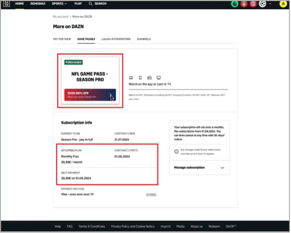 FootballR - NFL - Ein Screenshot von der DAZN-Website, der den NFL Game Pass Season Pro hervorhebt. Die Abonnementinformationen umfassen eine Season Pro-Option mit Vollzahlung zum Preis von 160,99 $ und einen Monatsplan für eingefleischte Fans zum Preis von 30,50 $/Monat. Das Bestätigungsdatum ist der 01.08.2024 und das Verlängerungsdatum der 30.08.2024. Diese Beschreibung wurde automatisch generiert.