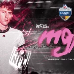 FootballR - Machine Gun Kelly beim NFL Munich Game 2024 - Ein Mann mit kurzen Haaren steht vor einem grafischen Hintergrund mit Schachbrettmuster und rosa Akzenten. Der Text lautet „Halbzeit-Performer Machine Gun Kelly“ mit dem Datum „Sonntag, 10. November, 9:30 Uhr ET“ in der Allianz Arena, der Heimat des FC Bayern München. Das Logo des NFL Munich Game krönt das Design. Diese Beschreibung wurde automatisch generiert.