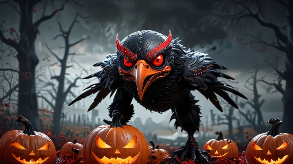 Ein bedrohlicher, cartoonhafter schwarzer Vogel mit roten Akzenten auf seinen Federn und um seine Augen steht inmitten geschnitzter, leuchtender Kürbislaternen. Der dunkle, unheimliche Wald mit blattlosen Bäumen und einem bewölkten Himmel schafft die Kulisse für eine gruselige Halloweennacht, die an ein Maskottchen eines NFL-Teams erinnert. Diese Beschreibung wurde mit der FootballR KI automatisch generiert.