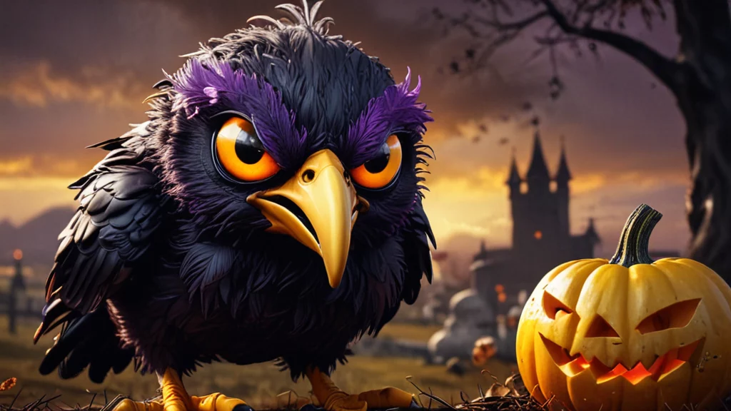 Eine schwarze Krähe im Comic-Stil mit leuchtend orangefarbenen Augen und violetten Federspitzen steht neben einem geschnitzten Kürbis und grinst mit gezackten Zähnen. Im Hintergrund ist die Silhouette einer gruseligen Burg vor einem dämmrigen Himmel zu sehen, was eine bezaubernde Halloween-Atmosphäre schafft. Diese Beschreibung wurde mit der FootballR KI automatisch generiert.