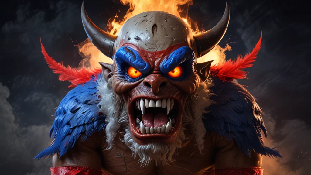 Ein wildes, mythisches Wesen mit großen Hörnern und leuchtend orangefarbenen Augen, umgeben von feurigen Flammen. Es hat scharfe Zähne, blaue Gesichtsmarkierungen und rote Federn auf dem Rücken. Es eignet sich perfekt als Halloween-Team-Maskottchen und scheint vor einem dunklen, rauchigen Hintergrund zu knurren. Diese Beschreibung wurde mit der FootballR KI automatisch generiert.