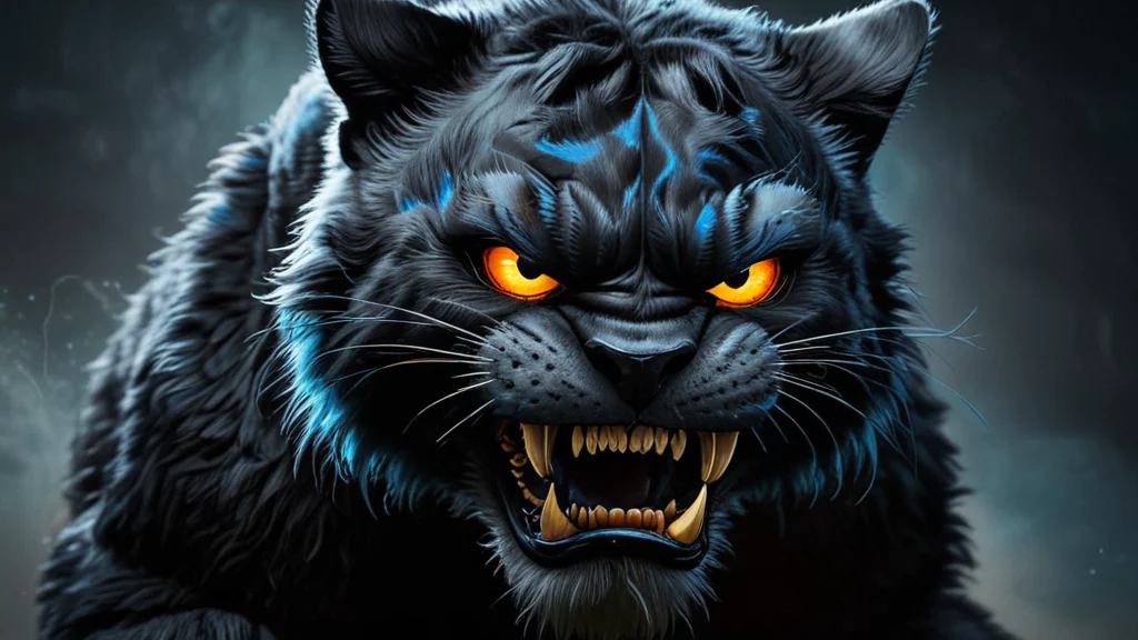 Ein digital gerendertes Bild eines wilden schwarzen Panthers mit leuchtend orangefarbenen Augen und scharf gefletschten Zähnen, perfekt für ein Halloween-Thema. Das Fell des Panthers ist mit blauen Highlights gefärbt und nimmt eine aggressive Haltung ein. Vor einem dunklen, nebligen Hintergrund verkörpert er die bedrohliche Präsenz eines Maskottchens des NFL-Teams. Diese Beschreibung wurde mit der FootballR KI automatisch generiert.