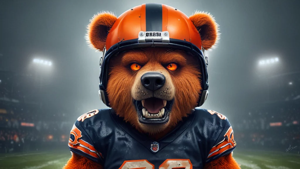 Ein wilder Bär, das Maskottchen des Teams, trägt einen Footballhelm und die Trikotnummer 23 auf einem beleuchteten Feld. Seine Augen leuchten orange und haben einen intensiven Ausdruck. Das marineblaue und orange Trikot ergänzt die Halloween-Atmosphäre im Hintergrund des NFL-Stadions. Diese Beschreibung wurde mit der FootballR KI automatisch generiert.