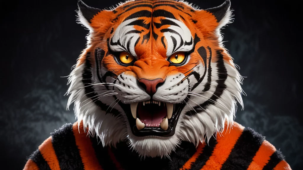 Ein wilder Tiger mit leuchtend orangefarbenem Fell und kräftigen schwarzen Streifen knurrt und zeigt dabei scharfe Zähne. Seine intensiv gelben Augen, die an eine Halloween-Nacht erinnern, richten ihren Blick nach vorne. Gespitzte Ohren vor einem dunklen Hintergrund unterstreichen die kraftvolle und majestätische Präsenz des Tieres. Diese Beschreibung wurde mit der FootballR KI automatisch generiert.