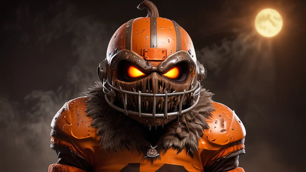 Eine bedrohliche Gestalt in einem Kürbishelm mit leuchtenden Augen steht vor einem mondbeschienenen Himmel und verkörpert ein Maskottchen des NFL-Teams. Der Helm hat vertikale orangefarbene Streifen und einen Stiel an der Spitze. In einem passenden Halloween-Sporttrikot mit pelzgefüttertem Kragen strahlt die Szene eine unheimliche Stimmung aus, da Wolken den Mond teilweise verdecken. Diese Beschreibung wurde mit der FootballR KI automatisch generiert.