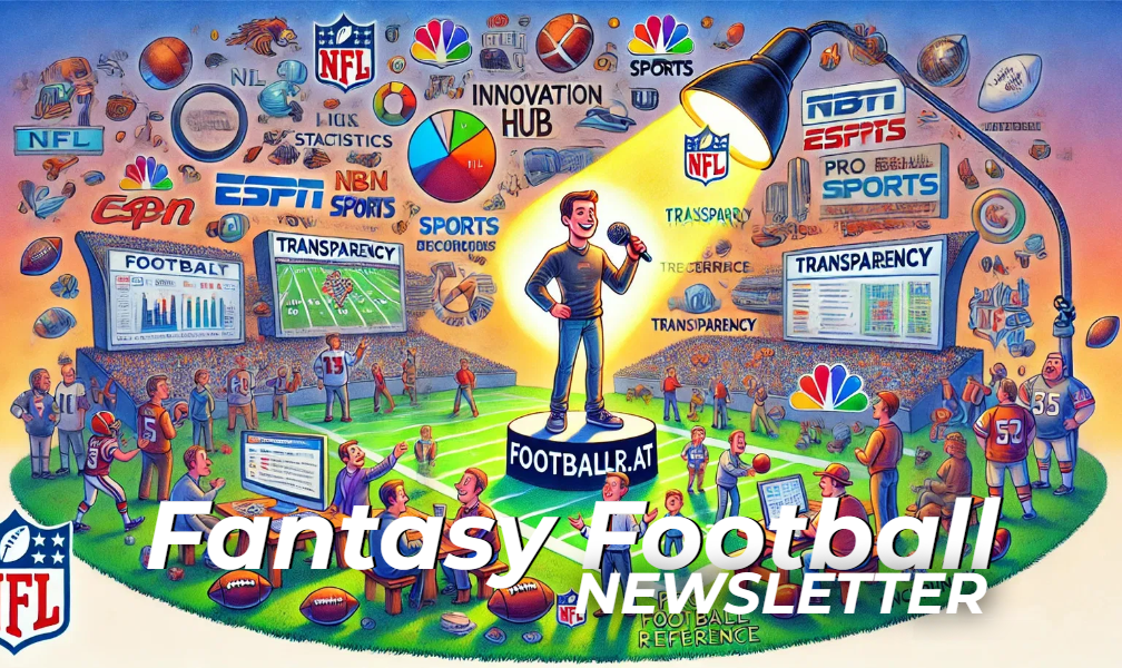FootballR - NFL - Eine farbenfrohe Fantasy-Football-Illustration zeigt einen Mann auf einem beleuchteten Feld, umgeben von Bildschirmen mit der Aufschrift „TRANSPARENZ“. Verschiedene Sportlogos und -symbole, darunter NFL und ESPN, tragen zur lebendigen und unterhaltsamen Atmosphäre bei. Der Text „Fantasy Football Newsletter“ wird deutlich unten angezeigt. Diese Beschreibung wurde automatisch generiert.