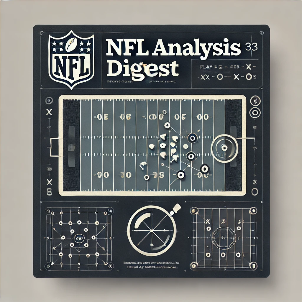 FootballR - NFL - Illustration eines fiktiven Magazins mit dem Titel „NFL Analysis Digest“. Das Cover zeigt ein stilisiertes Footballfeld mit Xs und O's, die Spielzüge darstellen. Es zeigt das NFL-Logo, taktische Diagramme und ein Playbook-Design, das die strategische Football-Analyse betont. Diese Beschreibung wurde automatisch generiert.