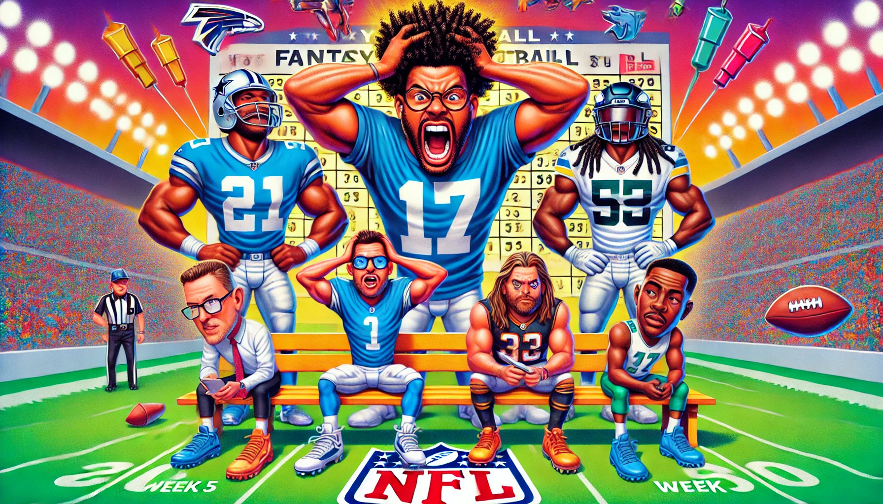 FootballR - NFL - Eine lebendige Illustration zeigt eine Footballmannschaft, die in ihre Fantasy Football Liga vertieft ist. Die zentrale Figur mit der Trikotnummer 17 schreit ungläubig und greift sich an den Kopf. Die umstehenden Spieler und Trainer spiegeln seine Frustration wider, während auf der Anzeigetafel im Hintergrund prominent „FANTASY FOOTBALL“ angezeigt wird. Diese Beschreibung wurde automatisch generiert.