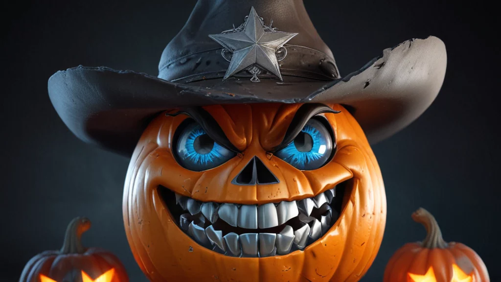 Ein geschnitzter Kürbis mit einem finsteren Grinsen und leuchtend blauen Augen trägt einen Cowboyhut, der mit einem silbernen Sheriffstern geschmückt ist und an ein Maskottchen eines NFL-Teams erinnert. Zwei kleinere Kürbisse mit leuchtenden Gesichtern flankieren ihn. Der dunkle Hintergrund betont die unheimliche Halloween-Ausstellung. Diese Beschreibung wurde mit der FootballR KI automatisch generiert.