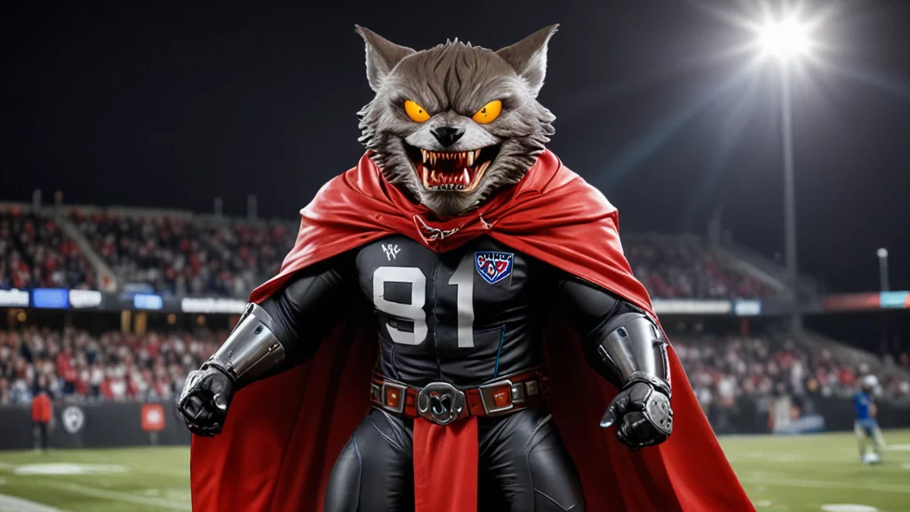 Eine kostümierte Figur mit einer wilden Wolfsmaske, leuchtend orangefarbenen Augen und scharfen Zähnen steht auf einem Footballfeld und verkörpert ein Maskottchen des NFL-Teams. Mit einem Trikot mit der Nummer 91, einer schwarzen Rüstung und einem roten Umhang strahlt die Figur inmitten der Halloween-Stadionlichter und der jubelnden Menge eine bedrohliche Präsenz aus. Diese Beschreibung wurde mit der FootballR KI automatisch generiert.