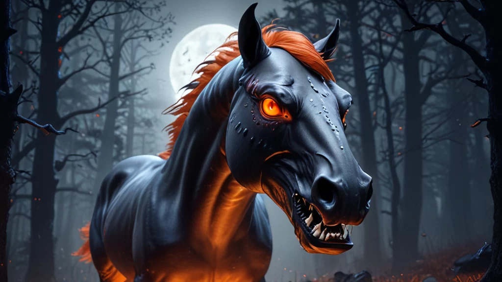 Ein bedrohliches Pferd, das einem Halloween-Albtraum oder vielleicht einem Maskottchen des NFL-Teams in Verkleidung ähnelt, steht in einem dunklen, unheimlichen Wald. Seine leuchtend orangefarbenen Augen und seine feurige Mähne verstärken die bedrohliche Atmosphäre, während der Vollmond geisterhaftes Licht durch kahle Bäume wirft und die Schatten durch Nebel verdichtet werden. Diese Beschreibung wurde mit der FootballR KI automatisch generiert.