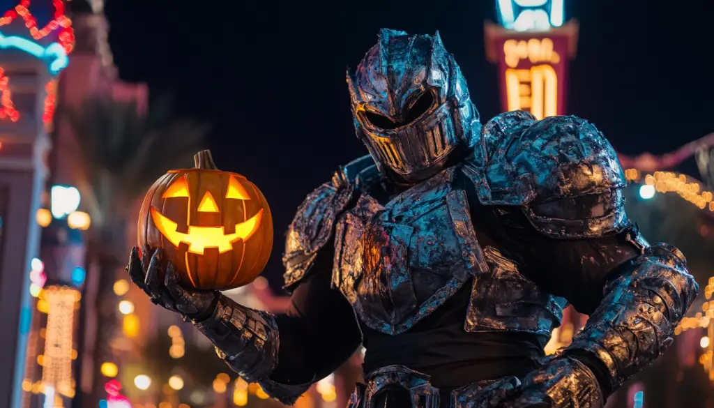 Eine Person in metallischer Rüstung hält in der Halloween-Nacht eine geschnitzte, leuchtende Kürbislaterne unter den Lichtern der Stadt. Die kunstvolle Rüstung, die an eine NFL-Team-Maskottchen erinnert, spiegelt die helle Umgebung wider. Palmen und Neonschilder sorgen für eine lebendige, festliche Atmosphäre. Diese Beschreibung wurde mit der FootballR KI automatisch generiert.