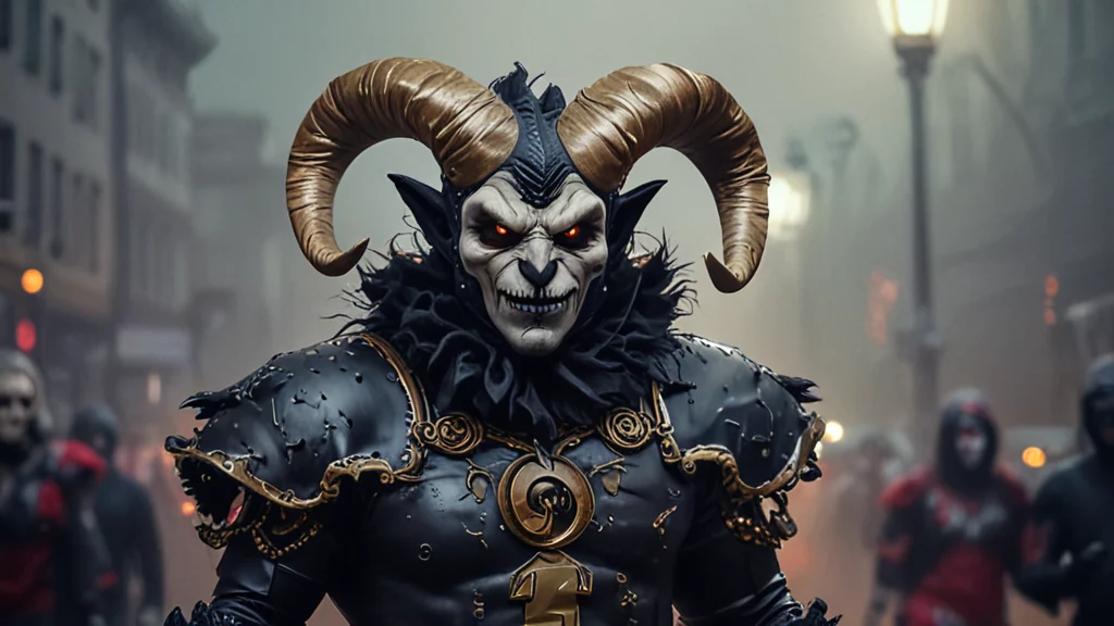 Eine bedrohliche Gestalt mit großen Widderhörnern, scharfen Zähnen und leuchtend roten Augen steht in der Halloween-Nacht in einer nebligen, schwach beleuchteten Straße. Die unheimliche Figur trägt eine verzierte dunkle Rüstung mit goldenen Akzenten inmitten schattenhafter Gestalten, die unter alten Straßenlaternen und Gebäuden vorbeigehen, wie ein zum Leben erwachtes Maskottchen eines NFL-Teams. Diese Beschreibung wurde mit der FootballR KI automatisch generiert.