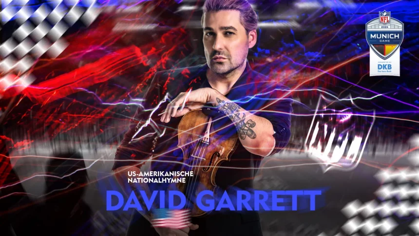 Ein Mann mit Tattoos und zurückgekämmten Haaren hält eine Geige, die von dynamischen roten, blauen und violetten Lichtstreifen beleuchtet wird. David Garrett steht zentral über dem Text „David Garrett“. Oben rechts steht ein Logo mit den Worten „München Spiel“ und „DKB“, und ein deutscher Text kündigt an, dass er eine Nationalhymne spielt. Diese Beschreibung wurde mit der FootballR KI automatisch generiert.
