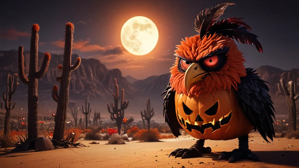 Eine gruselige Szene zeigt eine Wüste bei Vollmondnacht. Auf dem sandigen Boden steht ein großer, bedrohlicher Vogel, der an ein Maskottchen eines NFL-Teams erinnert und Merkmale wie einen geschnitzten Kürbis und grimmige rote Augen aufweist. Hohe Kakteen umgeben ihn und im Hintergrund ragen schroffe Berge auf, die eine unheimliche Halloween-Atmosphäre schaffen. Diese Beschreibung wurde mit der FootballR KI automatisch generiert.