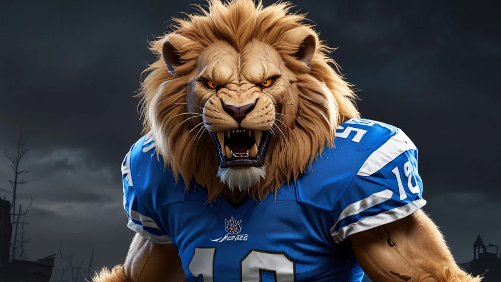 Ein wilder Löwe trägt ein blaues NFL-Team-Maskottchen-Footballtrikot mit der Nummer 18. Der Löwe brüllt, zeigt scharfe Zähne und einen intensiven Gesichtsausdruck. Seine goldene Mähne fließt um sein Gesicht. Der dunkle, stürmische Hintergrund verstärkt den dramatischen Effekt, perfekt für eine Halloween-Nacht. Diese Beschreibung wurde mit der FootballR KI automatisch generiert.